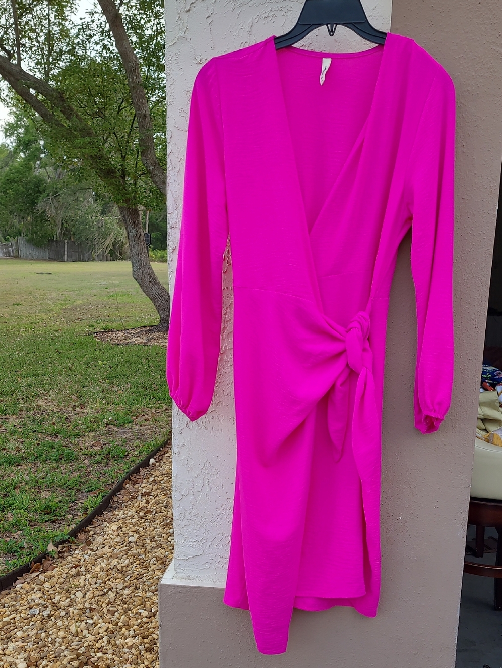 Tyche Pink Wrap Dress Split Tie M Midi Draped  Long Sleeves V-Neck